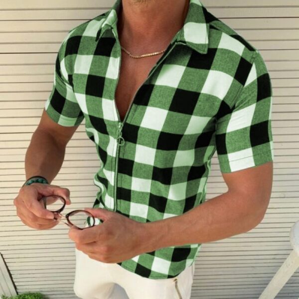 Plaid T Shirt Mens Zipper Short Sleeve Shirts Summer Men Clothing - Image 5