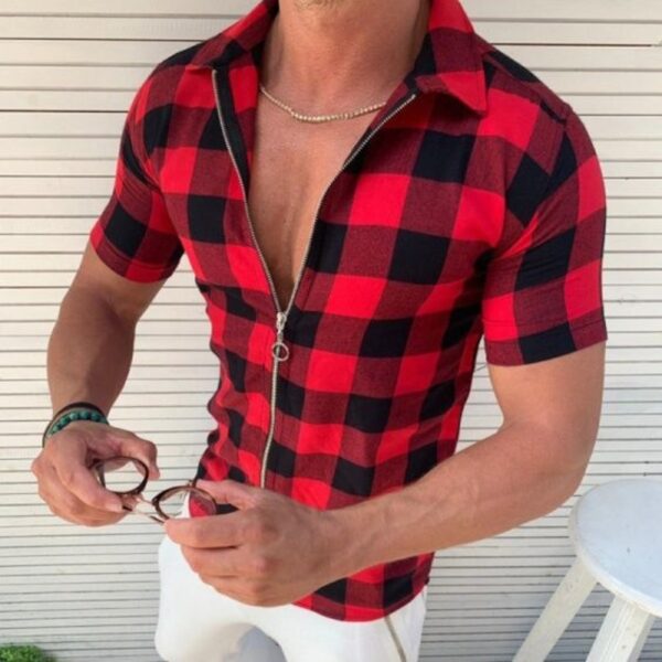 Plaid T Shirt Mens Zipper Short Sleeve Shirts Summer Men Clothing - Image 2