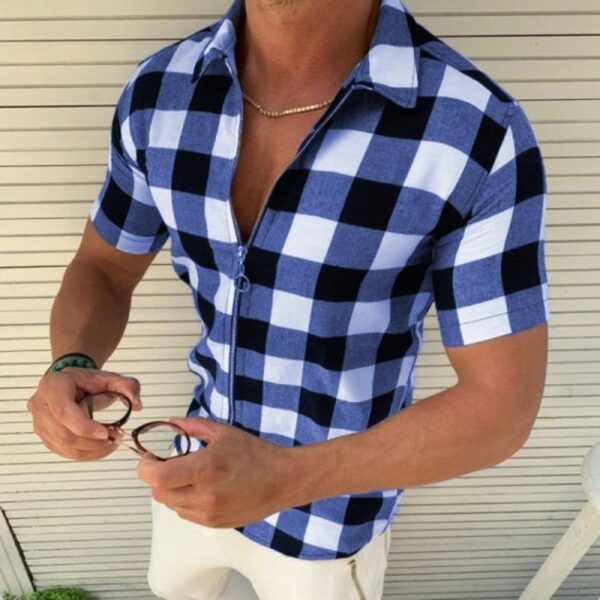 Plaid T Shirt Mens Zipper Short Sleeve Shirts Summer Men Clothing - Image 3