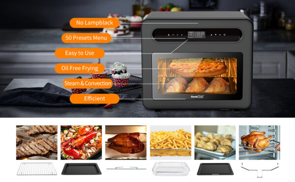 Geek Chef Steam Air Fryer Toast Oven Combo , 26 QT Steam Convection Oven Countertop , 50 Cooking Presets, With 6 Slice Toast, 12 In Pizza, Black Stainless Steel. Prohibited From Listing On Amazon - Image 5