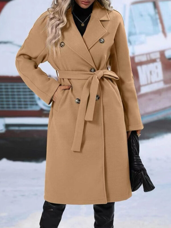 Lapel Double-breasted Trench Coat With Belt Winter Fashion Solid Color Long Jacket Outwear Women Clothing - Image 4