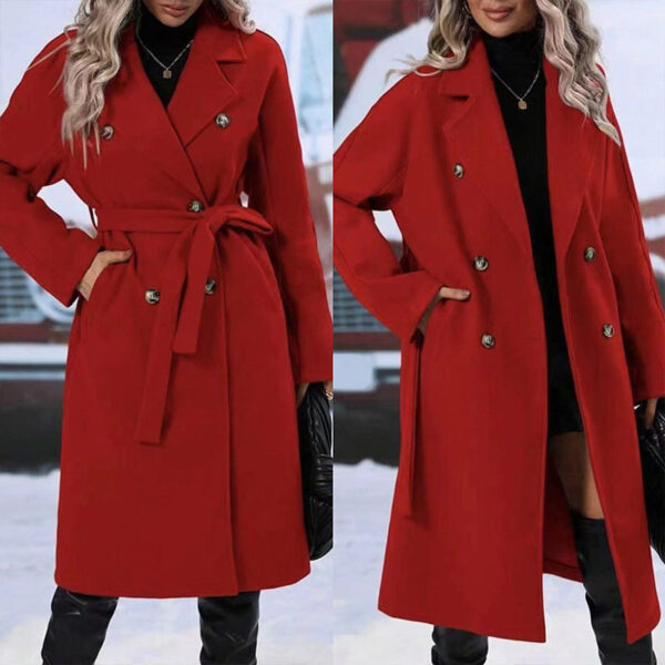 Lapel Double-breasted Trench Coat With Belt Winter Fashion Solid Color Long Jacket Outwear Women Clothing - Image 3