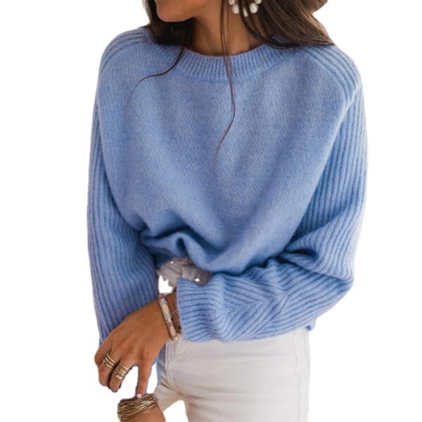 European Milk Blue Bedford Cord Sweater Women's Round-collar Long-sleeve Knitwear Casual Women's Clothing Fashion Knit Top Outerwear - Image 4