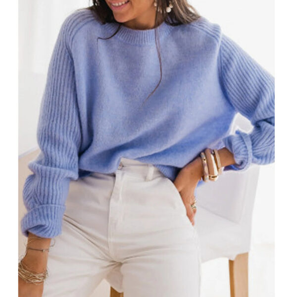 European Milk Blue Bedford Cord Sweater Women's Round-collar Long-sleeve Knitwear Casual Women's Clothing Fashion Knit Top Outerwear - Image 2